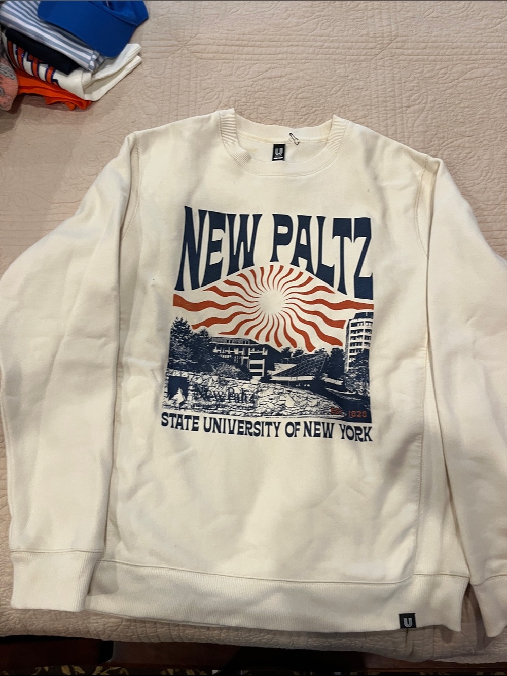 New Paltz State University Cream Graphic Crewneck Sweatshirt